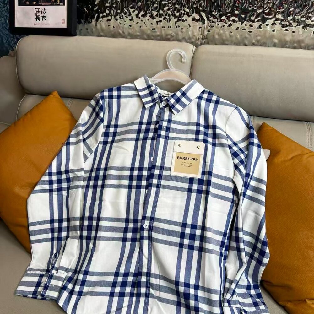 Burberry blue and white check leather label shirt men's size l